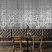 Interior of small grunge restaurant with concrete walls, wooden floor, and leather sofas and chairs next to wooden tables. 3d rendering copy space